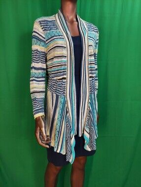 NIC+ZOE Teal, Navy & Cream Striped Draped Cardigan Coverup